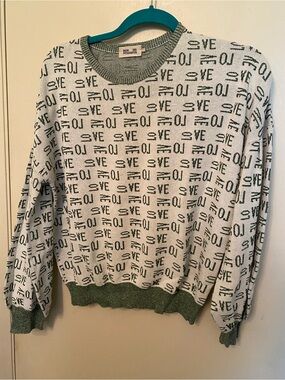 Baum Uno Pferdgarten Green Trim White Knit Sweater with Allover Love Text